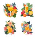 tropical still lifes with drinks, flowers, leaves and fruits, illustration in simple flat style